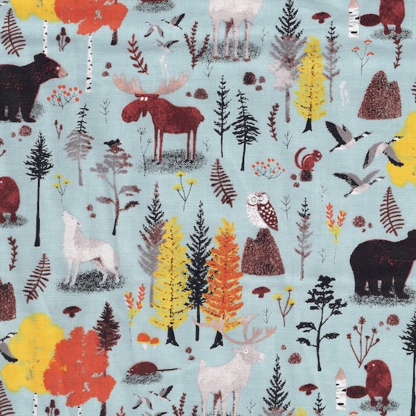 Cotton Fabric - Canadian Boreal Forest on Slate Blue Quilt Cotton Fabric - Select Your Size or By The Yard - 100% Cotton Fabric