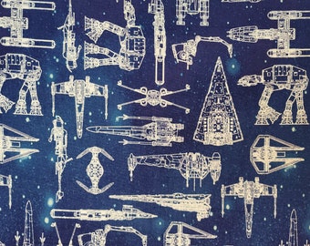 Cotton Fabric - Star Wars Galaxy Ships, Imperial Walkers, Sketch on Blue Quilt Cotton - Select Your Size or By The Yard - 100% Cotton Fabric