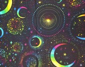 Rainbow Moon & Stars on Black - 100% Cotton Fabric - Select Your Size or By The Yard