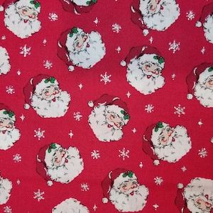 Christmas Tossed Santa Claus on Red with Glitter Snowflakes - 100% Cotton Fabric - Select Your Size or By The Yard