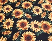 Flannel Fabric - Sketched Sunflowers on Black - REMNANT - 100% Cotton Flannel