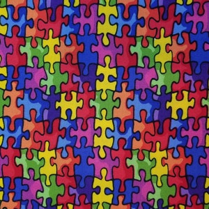 Multi Color Rainbow Puzzle Pieces - 100% Cotton Fabric - Select Your Size or By The Yard