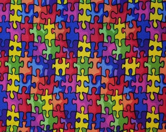 Multi Color Rainbow Puzzle Pieces - 100% Cotton Fabric - Select Your Size or By The Yard