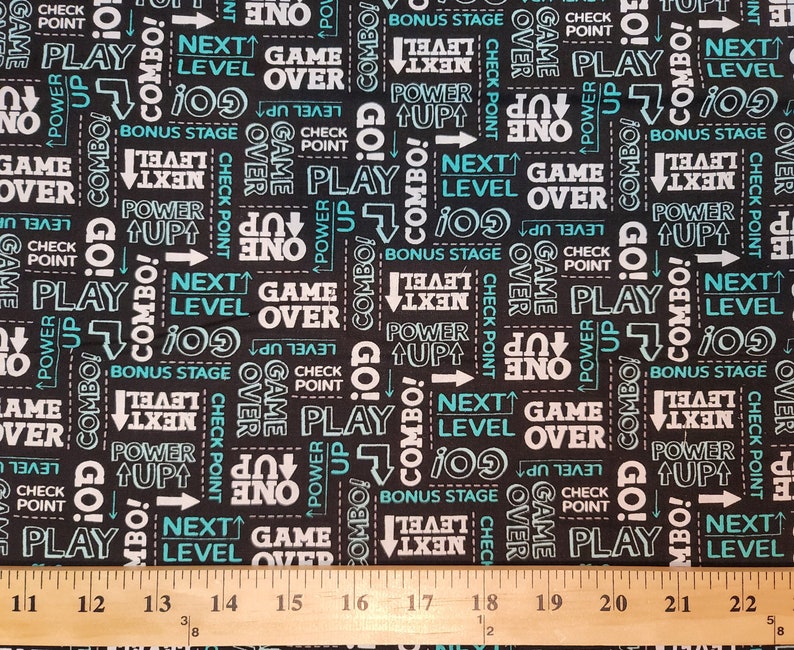 Cotton Fabric Select Your Size or By The Yard Game On Words on Black Premium Quilt Cotton 100/% Cotton Fabric