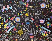 Bright Science Doodles on Black - 100% Cotton Fabric - Select Your Size or By The Yard