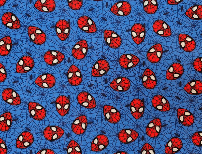 Select Your Size or By The Yard 100/% Cotton Fabric Cotton Fabric Spider Man Face Toss with Web on Blue Quilt Cotton