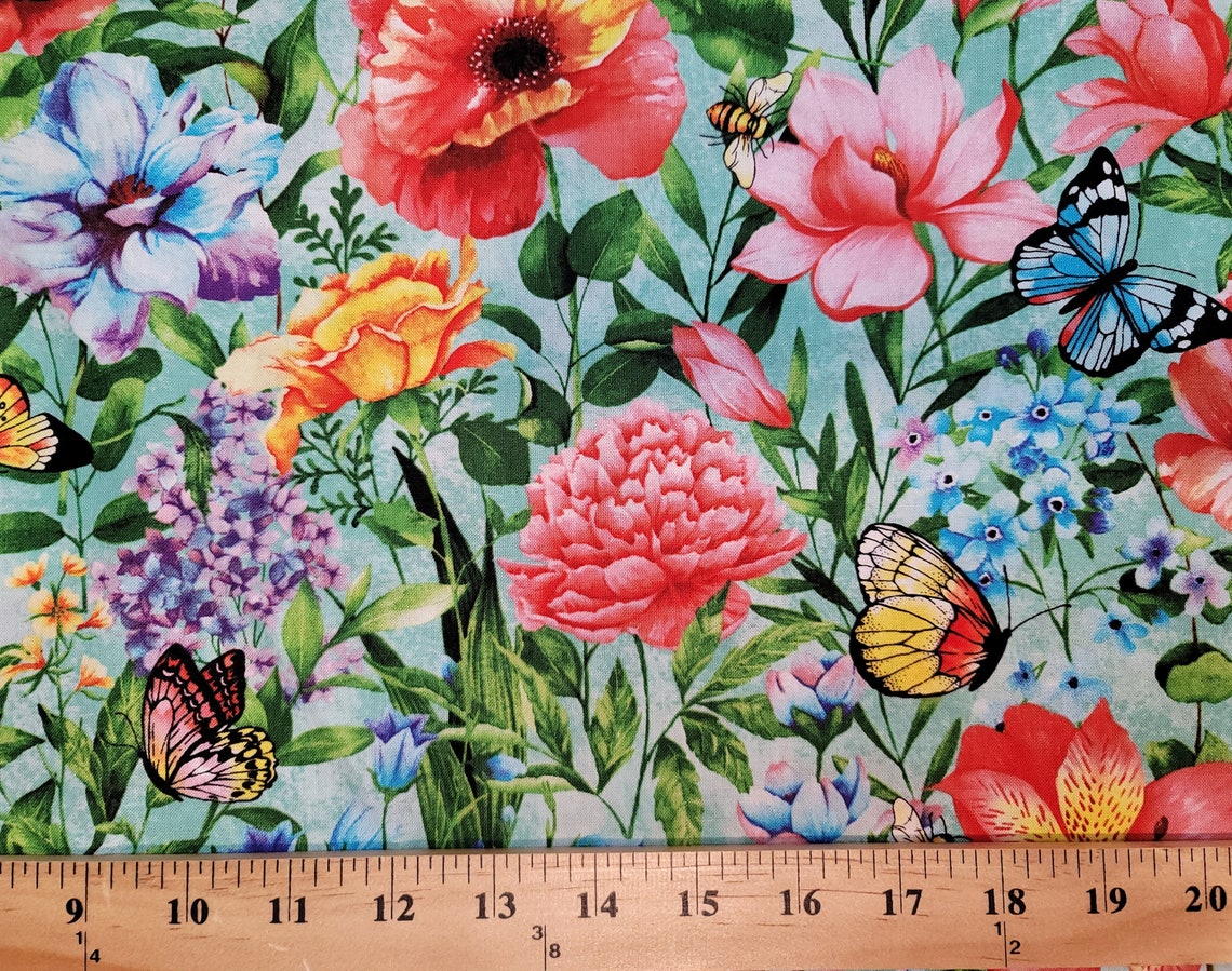 Cotton Fabric Large Floral on Aqua Premium Quilt Cotton Etsy