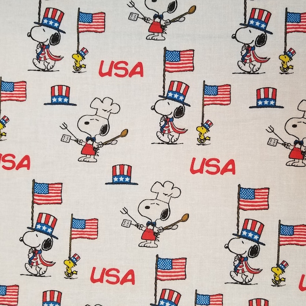 Peanuts Snoopy and Woodstock Patriotic USA Flag Hats BBQ - 100% Cotton Fabric - Select Your Size or By The Yard