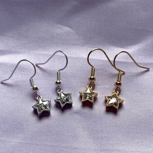 Cool minimalistic gold or silver plated star handmade drop dangle earrings with diamanté centre