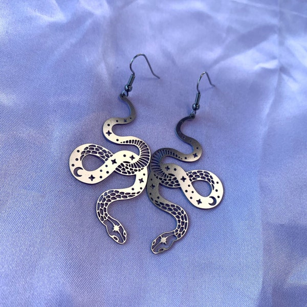 Cool quirky silver statement celestial these moon star snake drop dangle earrings