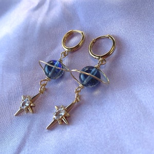Gorgeous cool gold plated celestial space theme Saturn planet drop dangle hoop earrings with diamanté star