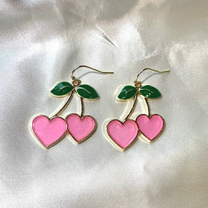 Pink Heart Cherry Drop Dangle Earrings on a 14k Gold Plated - Etsy UK