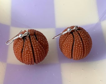 Large cool quirky orange and black basket ball statement drop dangle earrings on silver plated hooks
