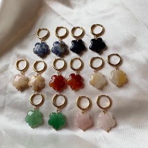 24k Gold Plated Flower Earrings: Rose Quartz, Aventurine, Agate, Carnelian