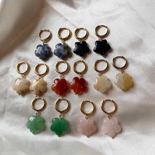 Gorgeous 24k gold plated semi precious flower crystal huggie hoop drop dangle earrings - rose quartz, carnelian, green aventurine, agate