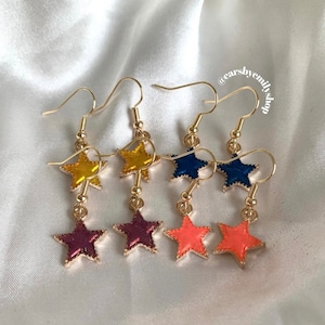 Enamel Star Drop Earrings: Colorful Celestial Jewelry on 18k Gold Hooks