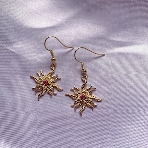 Handmade Gold Plated Sun Earrings: Hot Pink Crystal Celestial Dangle