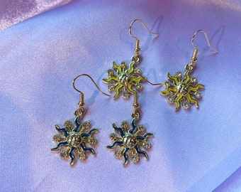 Sun Drop Dangle Earrings: Diamanté Details, 18k Gold Plated Hooks