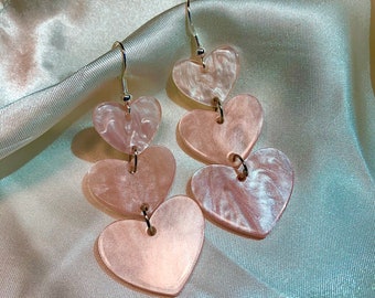 Gorgeous pastel pink 3 tier heart trio statement drop dangle earrings on silver plated hook