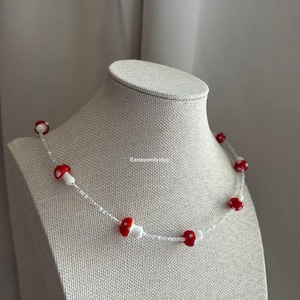 Handmade Beaded Mushroom Choker: Red & White Toadstool Necklace