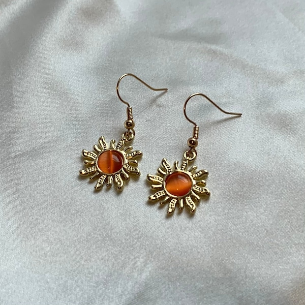 Gold Sun Earrings: Orange Center, 18k Gold Plated Hooks