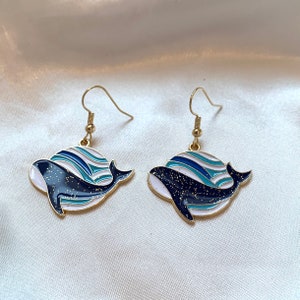 Glitter Blue Whale Enamel Dangle Earrings: 18k Gold Plated