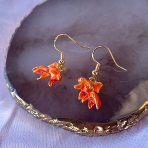 Cool quirky orange 3D oranda fantail gold fish handmade drop dangle earrings on 18k gold plated hooks
