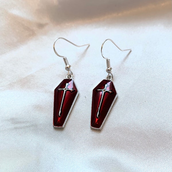 Cool quirky dark red/ black coffin with cross drop dangle earrings on silver plated hook halloween gothic