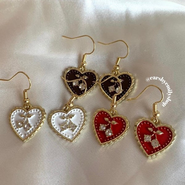 Cool quirky retro heart with crystal cherry drop dangle earrings in brown, red or white on 18k gold plated hooks