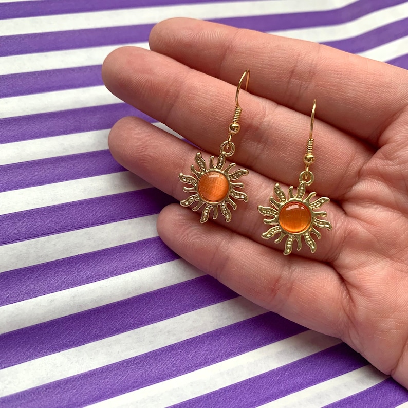 Cool gold orange feature sun earrings with orange centre on 18k gold plated hooks image 4