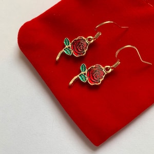 Gorgeous red and green enamel gold plated handmade rose flower drop dangle earrings on 18k gold plated hooks