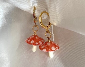 24k gold plated cool quirky orange and white mushroom toadstool 3D drop dangle earrings on huggie hoops