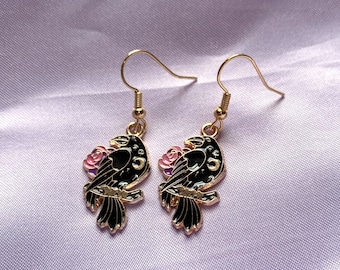 Cool quirky black raven crow bird earrings with pink flower details handmade drop dangle earrings on 18k gold plated hook