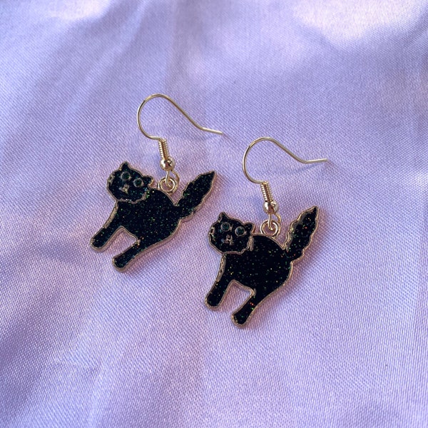 Cool quirky black Halloween spooky cat glitter drop dangle handmade earrings on 18k gold plated hooks