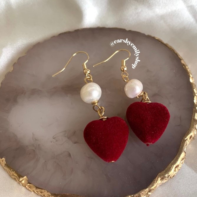 18k Gold Plated Velvet Heart Earrings: Freshwater Pearl Dangle