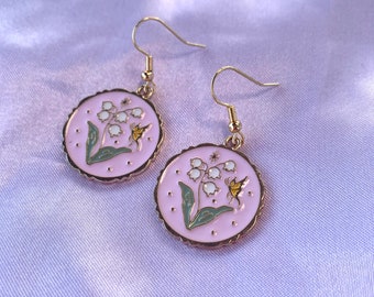 Cool quirky pink circle with flowers and butterfly drop dangle earrings on 18k gold plated hooks