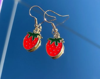 Cute red strawberry handmade drop dangle earrings on a 18k gold plated hook
