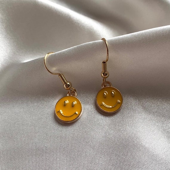 Sterling Silver Happy Face Hoops Earrings - Yellow Resin Sterling Silver Happy Face Hoops Earrings - Yellow Resin