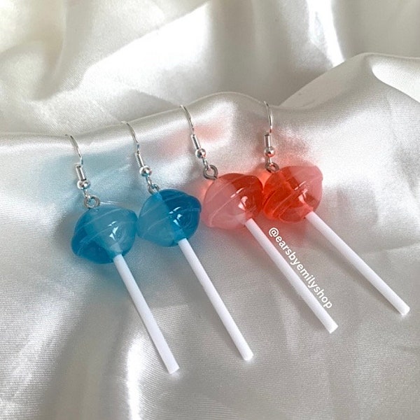 Cool quirky colourful blue or red lollipop sweet handmade drop dangle earrings on silver plated hooks