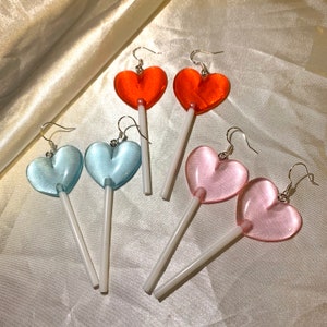 Cute colourful heart lollipop handmade drop dangle earrings on silver plated hooks