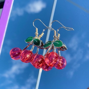 Fun quirky statement pink/ red 3D cherry drop dangle handmade earrings on 18k gold plated hooks