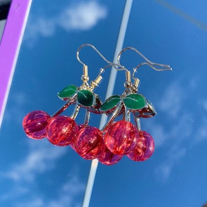 Fun quirky statement pink/ red 3D cherry drop dangle handmade earrings on 18k gold plated hooks