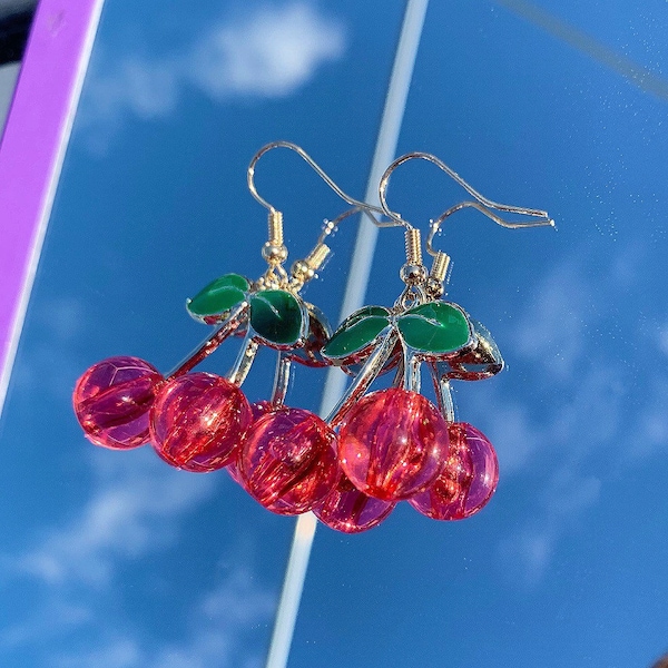Fun quirky statement pink/ red 3D cherry drop dangle handmade earrings on 18k gold plated hooks