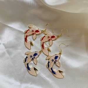 Gorgeous red or blue detailed koi fish gold plated handmade drop dangle earrings.