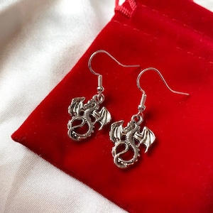 Handmade Silver Dragon Dangle Earrings on silver hypoallergenic surgical steel hooks