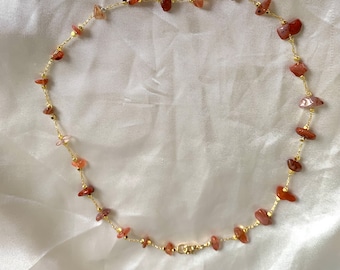 Cool 24k gold plated carnelian chip quirky short necklace/ choker handmade with lobster clasp closure