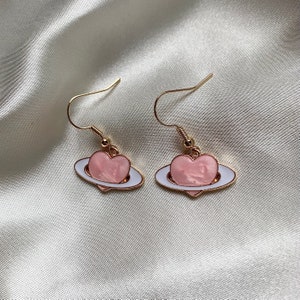 Handmade Pink Enamel Heart Saturn Earrings: 18k Gold Plated