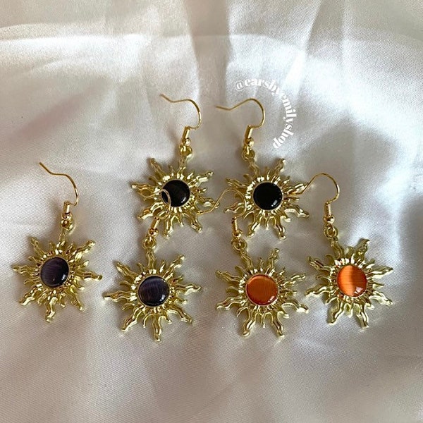 Cool quirky orange, blue or black celestial sun drop dangle handmade earrings on 18k gold plated hooks