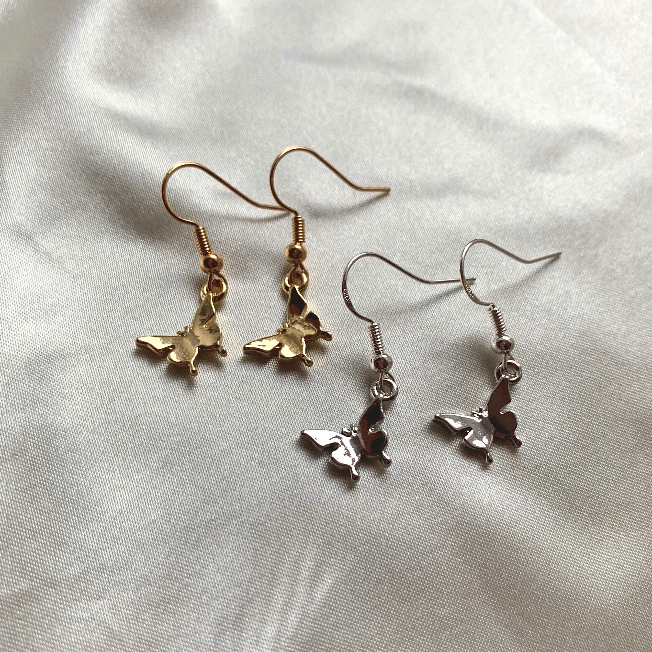 Beautiful minimalist butterfly earrings in silver or gold drop | Etsy