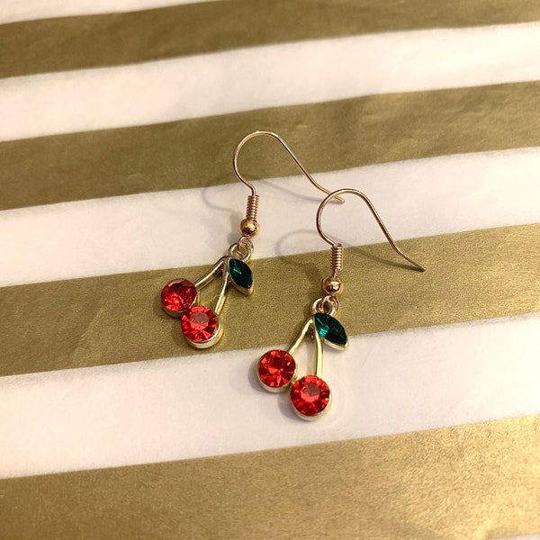 Gorgeous handmade cool red crystal cherry earrings on 18k gold plated Hooks